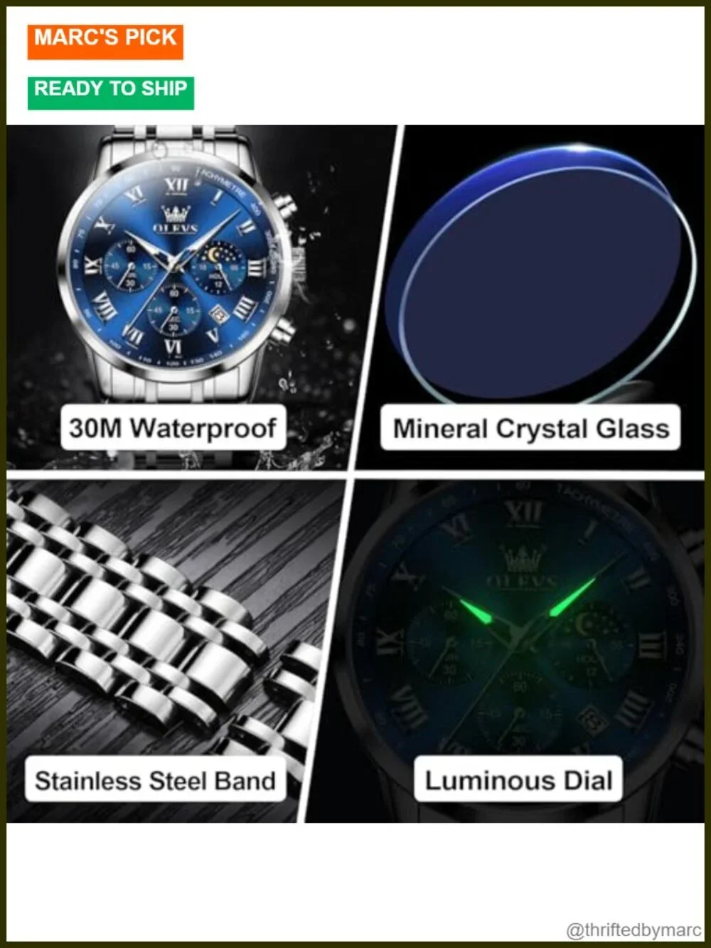 Stainless Steel Chronograph Watch, Roman Numerals Date Analog Quartz Dress